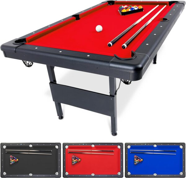 gosports 6, 7, or 8 ft billiards tables no assembly, choose your color portable pool table includes full set of balls, 2 cue sticks, chalk and felt brush