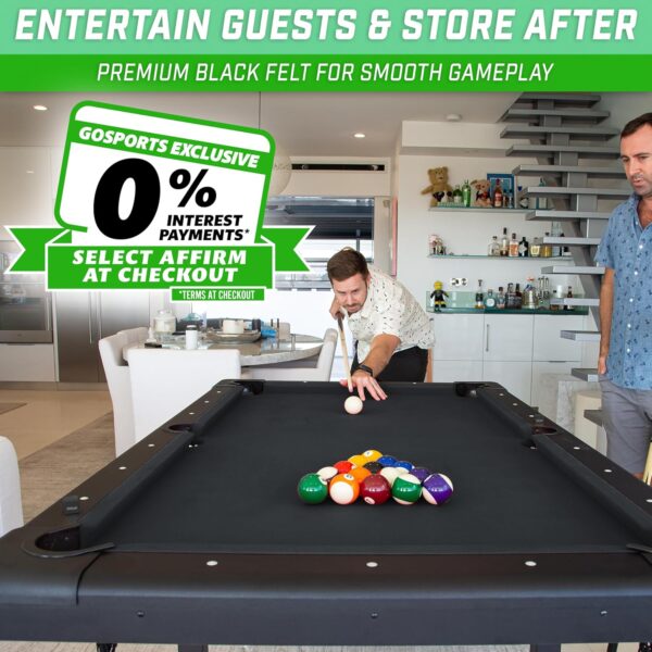gosports 6, 7, or 8 ft billiards tables no assembly, choose your color portable pool table includes full set of balls, 2 cue sticks, chalk and felt brush