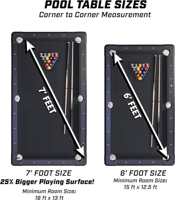 gosports 6, 7, or 8 ft billiards tables no assembly, choose your color portable pool table includes full set of balls, 2 cue sticks, chalk and felt brush