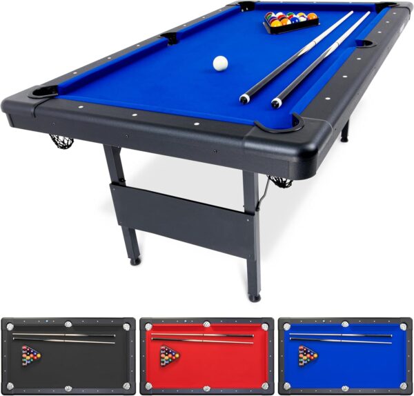gosports 6, 7, or 8 ft billiards tables no assembly, choose your color portable pool table includes full set of balls, 2 cue sticks, chalk and felt brush