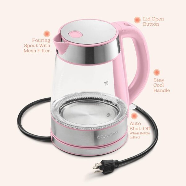 speed boil electric kettle for coffee & tea 1.7l water boiler 1500w, borosilicate glass, easy clean wide opening, auto shut off, cool touch handle, led light. 360° rotation, boil dry protection