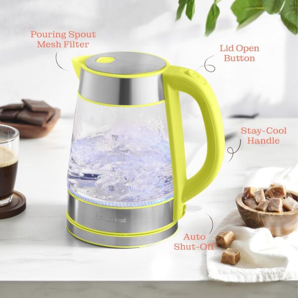 speed boil electric kettle for coffee & tea 1.7l water boiler 1500w, borosilicate glass, easy clean wide opening, auto shut off, cool touch handle, led light. 360° rotation, boil dry protection