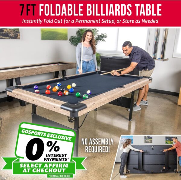 gosports 6, 7, or 8 ft billiards tables no assembly, choose your color portable pool table includes full set of balls, 2 cue sticks, chalk and felt brush