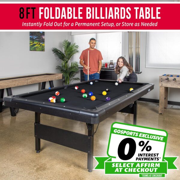 gosports 6, 7, or 8 ft billiards tables no assembly, choose your color portable pool table includes full set of balls, 2 cue sticks, chalk and felt brush