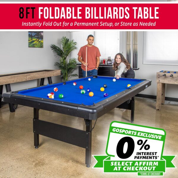 gosports 6, 7, or 8 ft billiards tables no assembly, choose your color portable pool table includes full set of balls, 2 cue sticks, chalk and felt brush