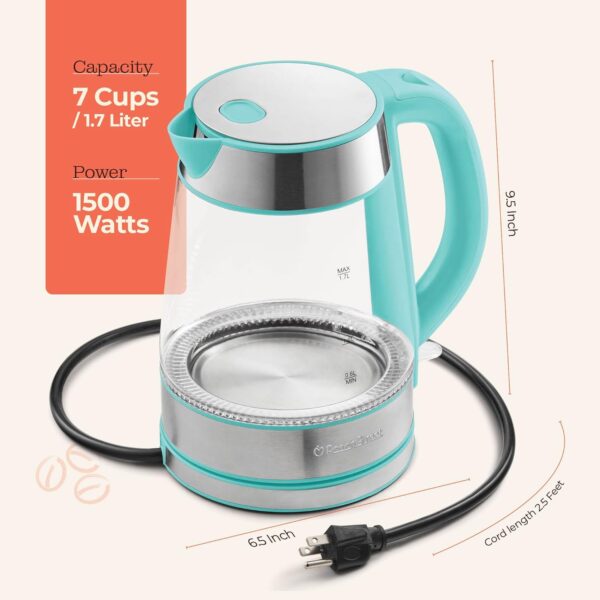 speed boil electric kettle for coffee & tea 1.7l water boiler 1500w, borosilicate glass, easy clean wide opening, auto shut off, cool touch handle, led light. 360° rotation, boil dry protection