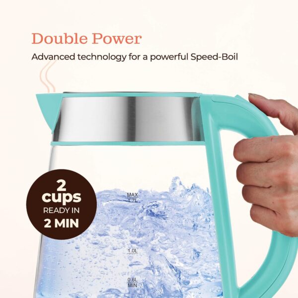 speed boil electric kettle for coffee & tea 1.7l water boiler 1500w, borosilicate glass, easy clean wide opening, auto shut off, cool touch handle, led light. 360° rotation, boil dry protection