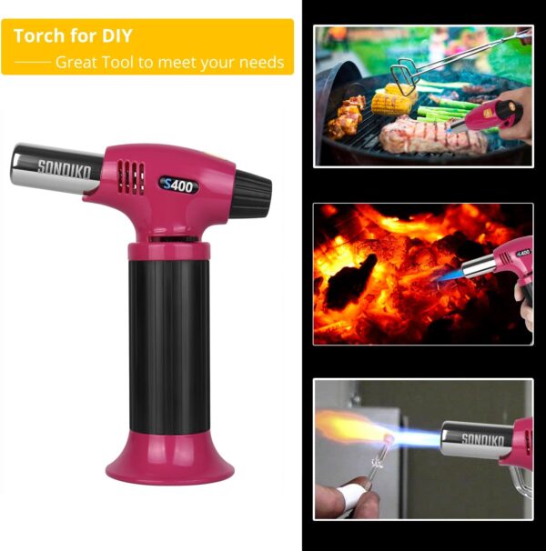 sondiko butane torch s400, refillable kitchen torch lighter, fit all butane tanks blow torch with safety lock and adjustable flame for desserts, creme brulee, and baking—butane gas is not included