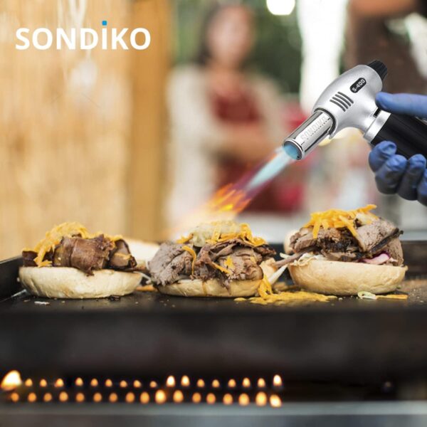 sondiko butane torch s400, refillable kitchen torch lighter, fit all butane tanks blow torch with safety lock and adjustable flame for desserts, creme brulee, and baking—butane gas is not included