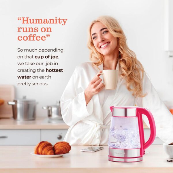 speed boil electric kettle for coffee & tea 1.7l water boiler 1500w, borosilicate glass, easy clean wide opening, auto shut off, cool touch handle, led light. 360° rotation, boil dry protection