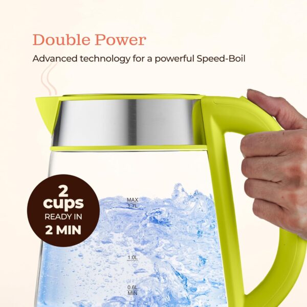 speed boil electric kettle for coffee & tea 1.7l water boiler 1500w, borosilicate glass, easy clean wide opening, auto shut off, cool touch handle, led light. 360° rotation, boil dry protection
