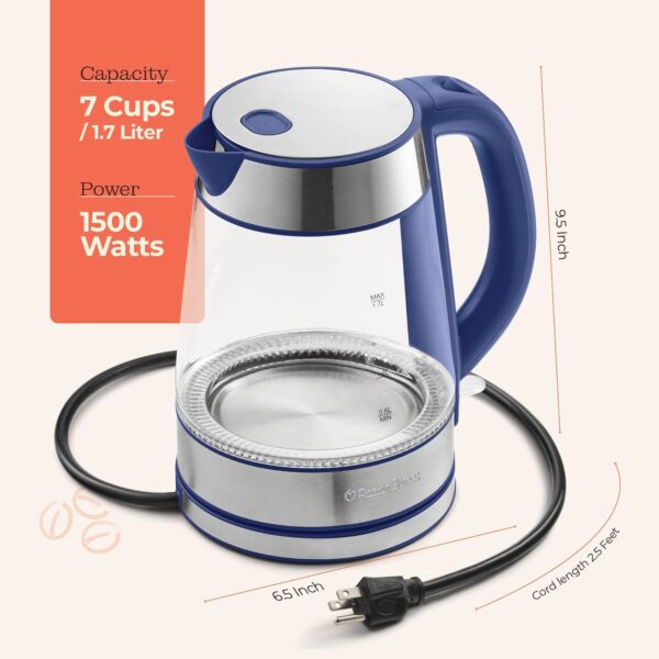 speed boil electric kettle for coffee & tea 1.7l water boiler 1500w, borosilicate glass, easy clean wide opening, auto shut off, cool touch handle, led light. 360° rotation, boil dry protection