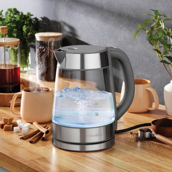 speed boil electric kettle for coffee & tea 1.7l water boiler 1500w, borosilicate glass, easy clean wide opening, auto shut off, cool touch handle, led light. 360° rotation, boil dry protection