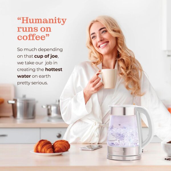 speed boil electric kettle for coffee & tea 1.7l water boiler 1500w, borosilicate glass, easy clean wide opening, auto shut off, cool touch handle, led light. 360° rotation, boil dry protection