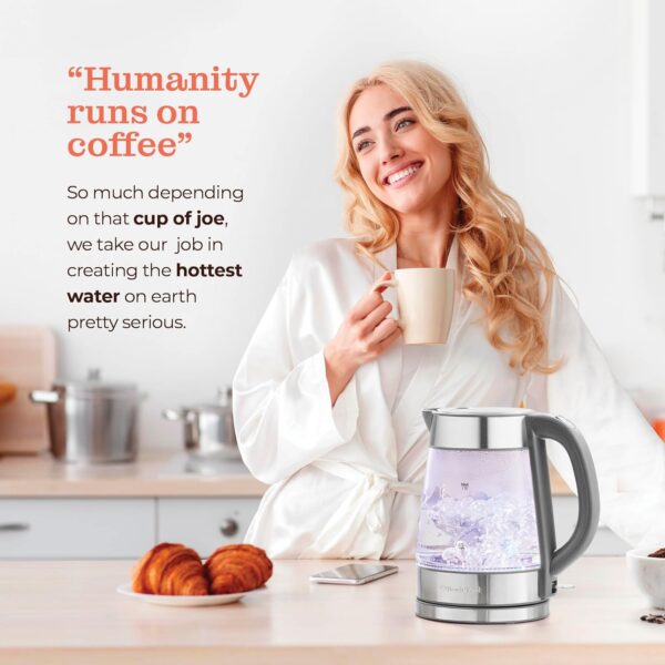 speed boil electric kettle for coffee & tea 1.7l water boiler 1500w, borosilicate glass, easy clean wide opening, auto shut off, cool touch handle, led light. 360° rotation, boil dry protection