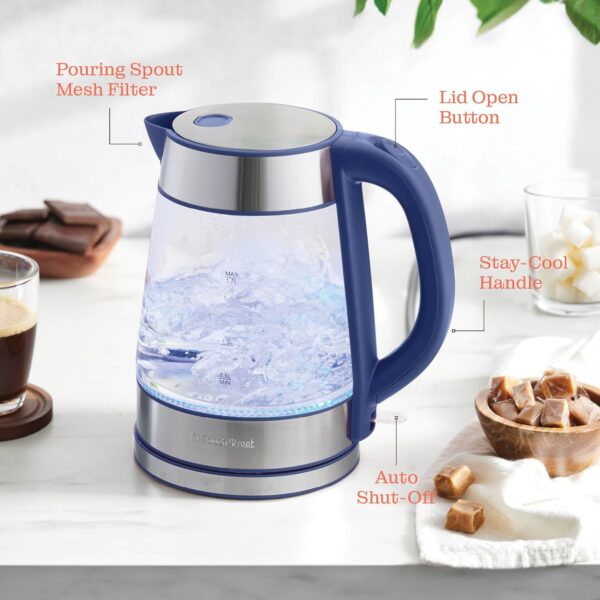 speed boil electric kettle for coffee & tea 1.7l water boiler 1500w, borosilicate glass, easy clean wide opening, auto shut off, cool touch handle, led light. 360° rotation, boil dry protection