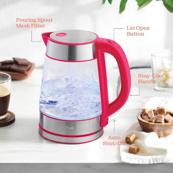 speed boil electric kettle for coffee & tea 1.7l water boiler 1500w, borosilicate glass, easy clean wide opening, auto shut off, cool touch handle, led light. 360° rotation, boil dry protection