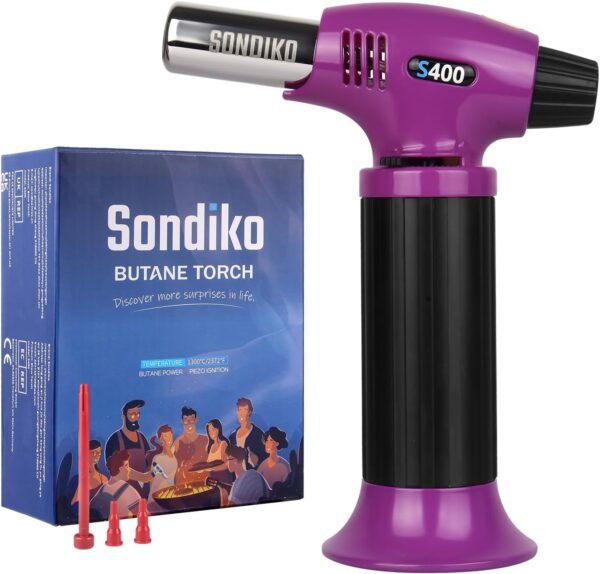 sondiko butane torch s400, refillable kitchen torch lighter, fit all butane tanks blow torch with safety lock and adjustable flame for desserts, creme brulee, and baking—butane gas is not included