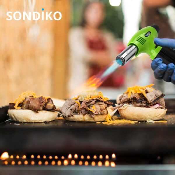 sondiko butane torch s400, refillable kitchen torch lighter, fit all butane tanks blow torch with safety lock and adjustable flame for desserts, creme brulee, and baking—butane gas is not included