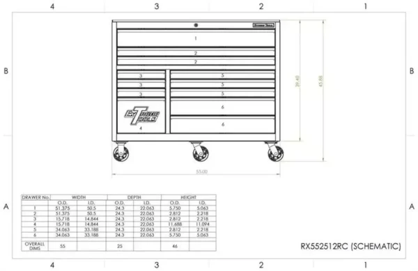 extreme tools rx series 55" 12 drawer roller with hutch and side boxes