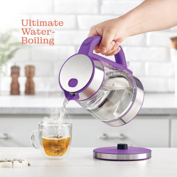 speed boil electric kettle for coffee & tea 1.7l water boiler 1500w, borosilicate glass, easy clean wide opening, auto shut off, cool touch handle, led light. 360° rotation, boil dry protection