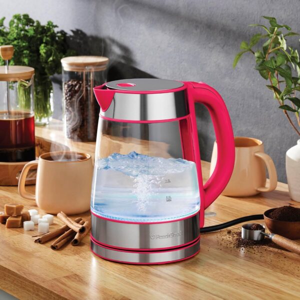 speed boil electric kettle for coffee & tea 1.7l water boiler 1500w, borosilicate glass, easy clean wide opening, auto shut off, cool touch handle, led light. 360° rotation, boil dry protection