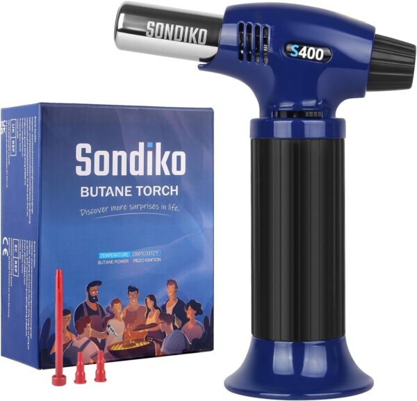 sondiko butane torch s400, refillable kitchen torch lighter, fit all butane tanks blow torch with safety lock and adjustable flame for desserts, creme brulee, and baking—butane gas is not included