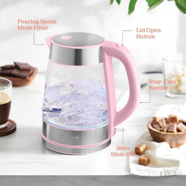 speed boil electric kettle for coffee & tea 1.7l water boiler 1500w, borosilicate glass, easy clean wide opening, auto shut off, cool touch handle, led light. 360° rotation, boil dry protection