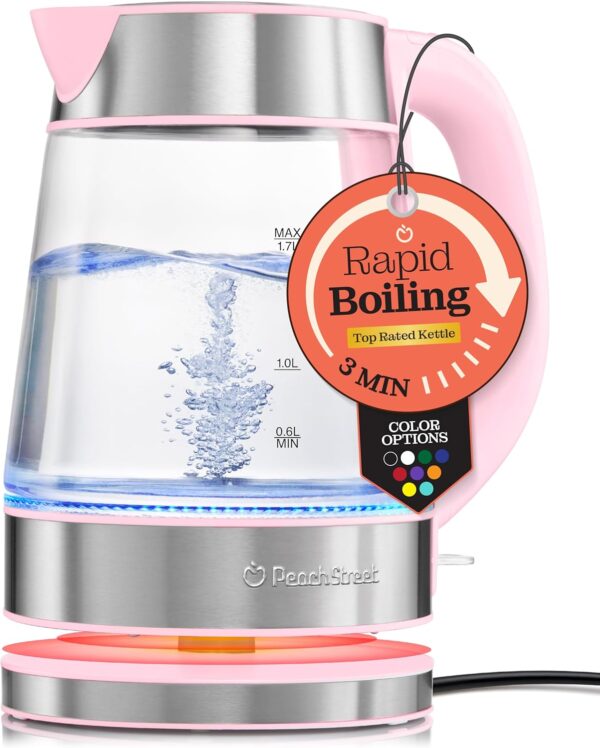 speed boil electric kettle for coffee & tea 1.7l water boiler 1500w, borosilicate glass, easy clean wide opening, auto shut off, cool touch handle, led light. 360° rotation, boil dry protection