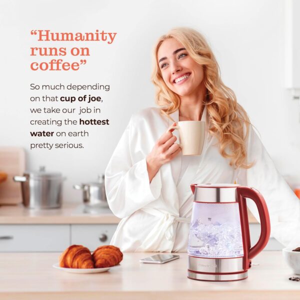 speed boil electric kettle for coffee & tea 1.7l water boiler 1500w, borosilicate glass, easy clean wide opening, auto shut off, cool touch handle, led light. 360° rotation, boil dry protection