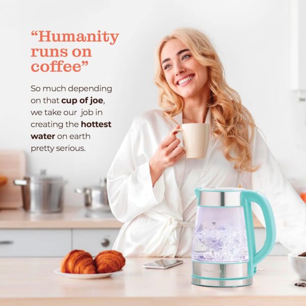 speed boil electric kettle for coffee & tea 1.7l water boiler 1500w, borosilicate glass, easy clean wide opening, auto shut off, cool touch handle, led light. 360° rotation, boil dry protection