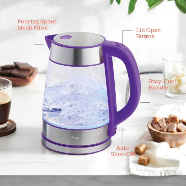 speed boil electric kettle for coffee & tea 1.7l water boiler 1500w, borosilicate glass, easy clean wide opening, auto shut off, cool touch handle, led light. 360° rotation, boil dry protection