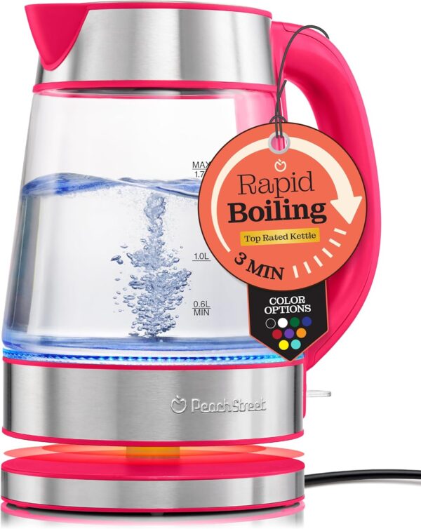 speed boil electric kettle for coffee & tea 1.7l water boiler 1500w, borosilicate glass, easy clean wide opening, auto shut off, cool touch handle, led light. 360° rotation, boil dry protection