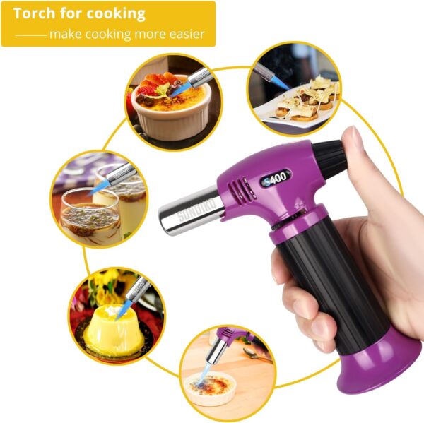 sondiko butane torch s400, refillable kitchen torch lighter, fit all butane tanks blow torch with safety lock and adjustable flame for desserts, creme brulee, and baking—butane gas is not included