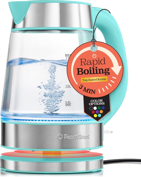 speed boil electric kettle for coffee & tea 1.7l water boiler 1500w, borosilicate glass, easy clean wide opening, auto shut off, cool touch handle, led light. 360° rotation, boil dry protection