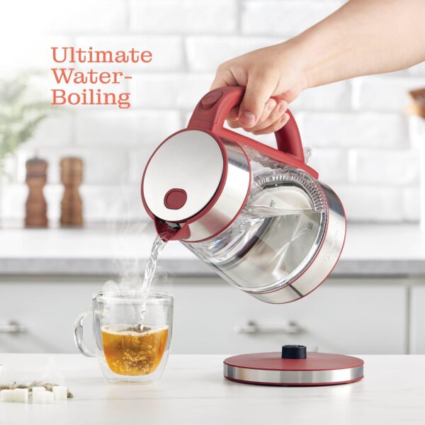 speed boil electric kettle for coffee & tea 1.7l water boiler 1500w, borosilicate glass, easy clean wide opening, auto shut off, cool touch handle, led light. 360° rotation, boil dry protection