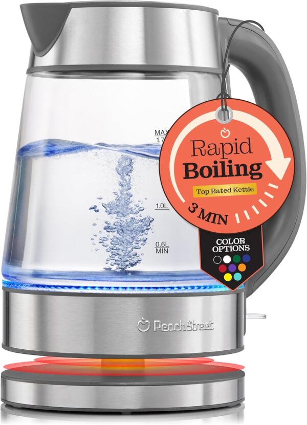 speed boil electric kettle for coffee & tea 1.7l water boiler 1500w, borosilicate glass, easy clean wide opening, auto shut off, cool touch handle, led light. 360° rotation, boil dry protection