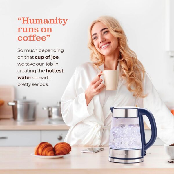 speed boil electric kettle for coffee & tea 1.7l water boiler 1500w, borosilicate glass, easy clean wide opening, auto shut off, cool touch handle, led light. 360° rotation, boil dry protection