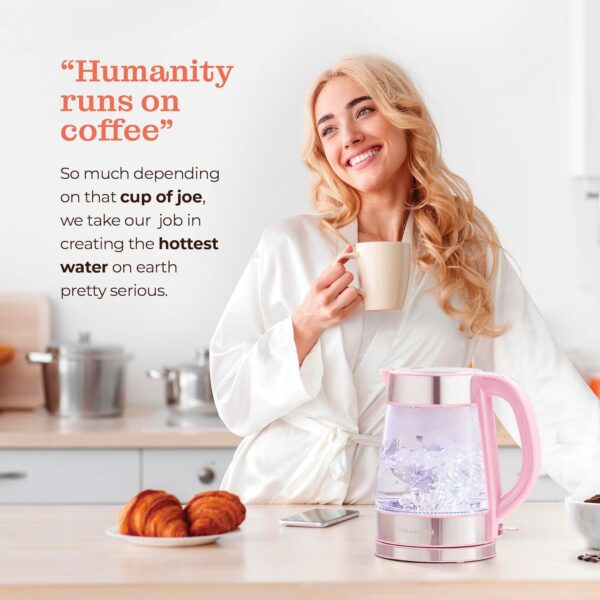 speed boil electric kettle for coffee & tea 1.7l water boiler 1500w, borosilicate glass, easy clean wide opening, auto shut off, cool touch handle, led light. 360° rotation, boil dry protection