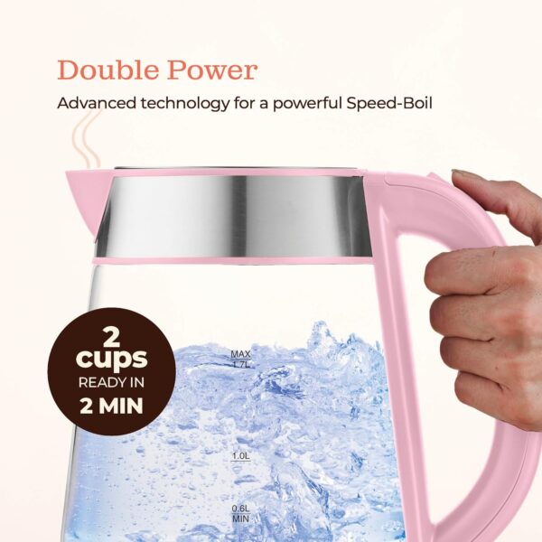 speed boil electric kettle for coffee & tea 1.7l water boiler 1500w, borosilicate glass, easy clean wide opening, auto shut off, cool touch handle, led light. 360° rotation, boil dry protection
