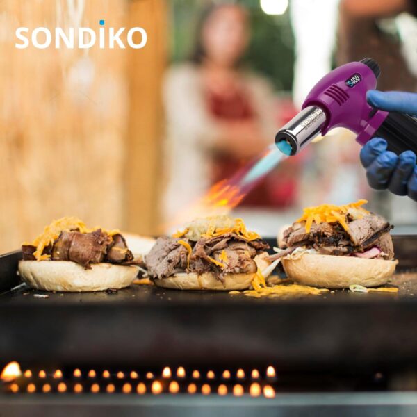 sondiko butane torch s400, refillable kitchen torch lighter, fit all butane tanks blow torch with safety lock and adjustable flame for desserts, creme brulee, and baking—butane gas is not included