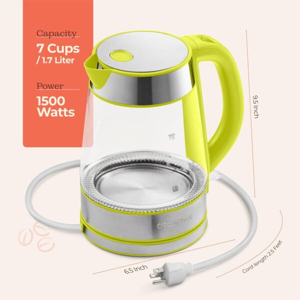 speed boil electric kettle for coffee & tea 1.7l water boiler 1500w, borosilicate glass, easy clean wide opening, auto shut off, cool touch handle, led light. 360° rotation, boil dry protection