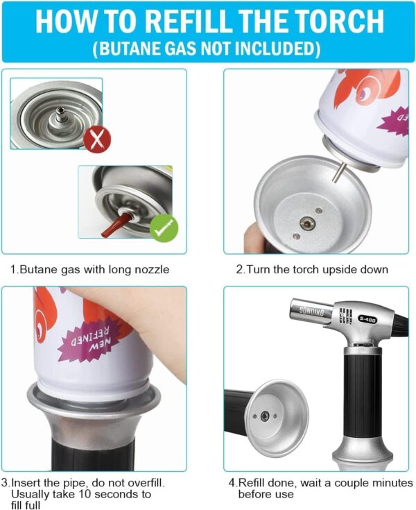 sondiko butane torch s400, refillable kitchen torch lighter, fit all butane tanks blow torch with safety lock and adjustable flame for desserts, creme brulee, and baking—butane gas is not included