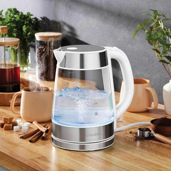 speed boil electric kettle for coffee & tea 1.7l water boiler 1500w, borosilicate glass, easy clean wide opening, auto shut off, cool touch handle, led light. 360° rotation, boil dry protection