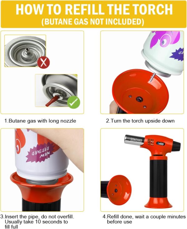 sondiko butane torch s400, refillable kitchen torch lighter, fit all butane tanks blow torch with safety lock and adjustable flame for desserts, creme brulee, and baking—butane gas is not included