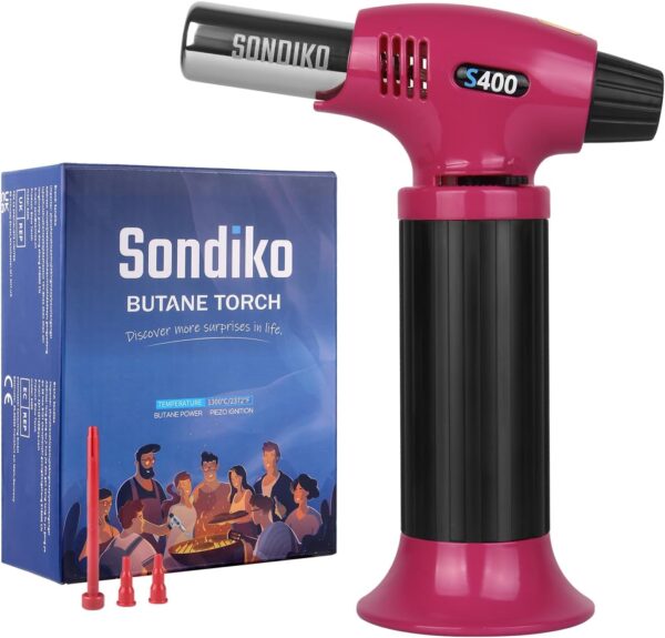sondiko butane torch s400, refillable kitchen torch lighter, fit all butane tanks blow torch with safety lock and adjustable flame for desserts, creme brulee, and baking—butane gas is not included