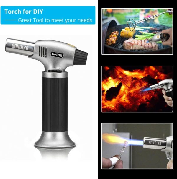 sondiko butane torch s400, refillable kitchen torch lighter, fit all butane tanks blow torch with safety lock and adjustable flame for desserts, creme brulee, and baking—butane gas is not included