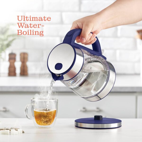 speed boil electric kettle for coffee & tea 1.7l water boiler 1500w, borosilicate glass, easy clean wide opening, auto shut off, cool touch handle, led light. 360° rotation, boil dry protection