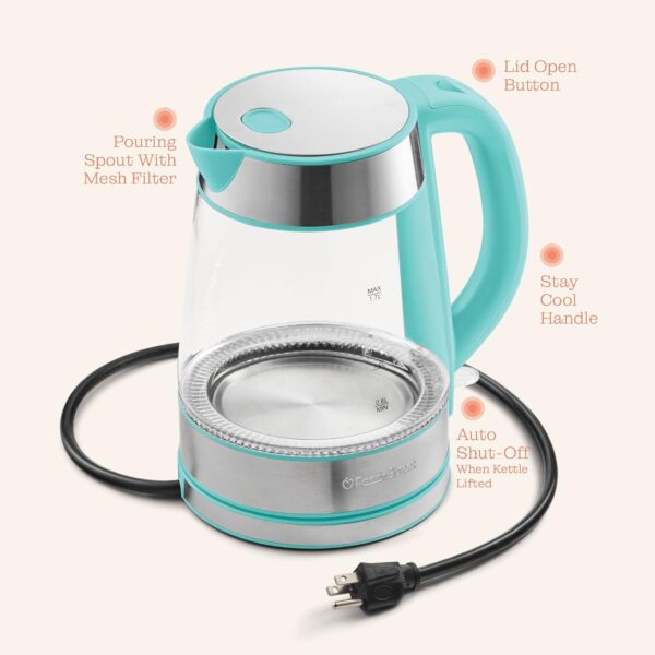 speed boil electric kettle for coffee & tea 1.7l water boiler 1500w, borosilicate glass, easy clean wide opening, auto shut off, cool touch handle, led light. 360° rotation, boil dry protection