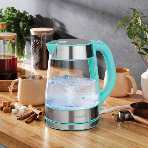 speed boil electric kettle for coffee & tea 1.7l water boiler 1500w, borosilicate glass, easy clean wide opening, auto shut off, cool touch handle, led light. 360° rotation, boil dry protection